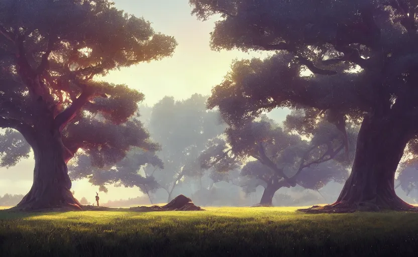 Prompt: A landscape with a giant oak tree in the summer morning, Low level, rendered by Beeple, Makoto Shinkai, syd meade, simon stålenhag, environment concept, synthwave style, digital art, unreal engine, WLOP, trending on artstation, 4K UHD image, octane render,