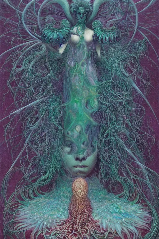 Image similar to cosmic horror eldritch lovecraftian the emerald queen of feathers by wayne barlowe, agostino arrivabene, denis forkas