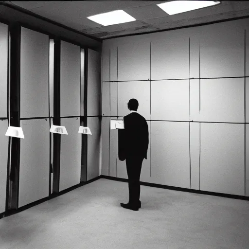 Image similar to a guy standing in a room with computer screens lining the walls, faded effect, photograph, kodak film, realism,