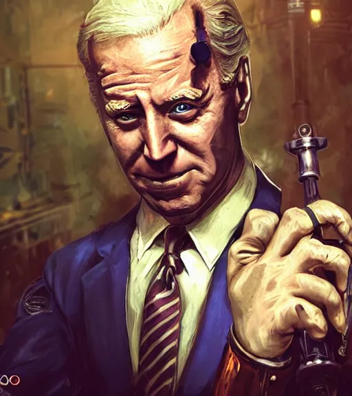 Image similar to portrait of joe biden cosplaying bioshock, by wlop, by simon stalengrad, by ilya repin, bioshock screenshot, photorealistic fan art, gta 5, detailed shading, intricate abstract, steampunk