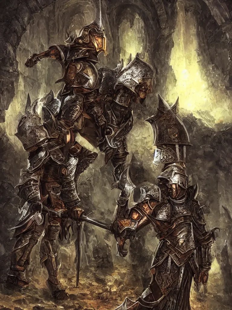 Prompt: a very large and heavy female knight with dark iron armor and helmet | dark fantasy | in a ruined castle | Dorian Cleavenger |