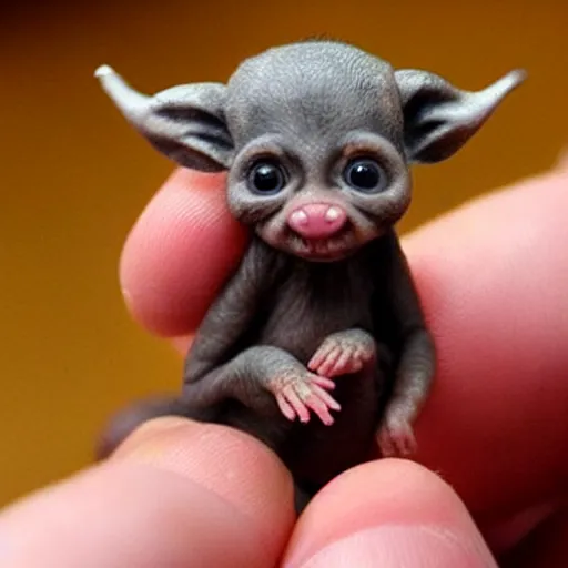 Image similar to a tiny pigmy baby demon in the palm of a person's hand, super cute