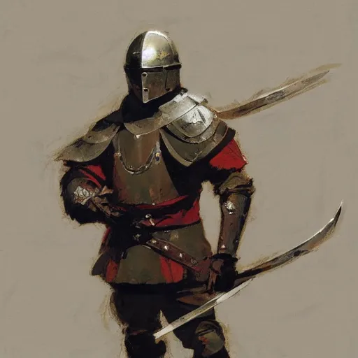 Image similar to man wearing gambeson and sallet helmet and raised sword, detailed by greg manchess, craig mullins, bernie fuchs, walter everett