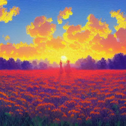 Image similar to who cared, flower field, beautiful sunset on a summer day light, impressionist painting, colorful clouds, blue sky, digital painting, artstation, simon stalenhag