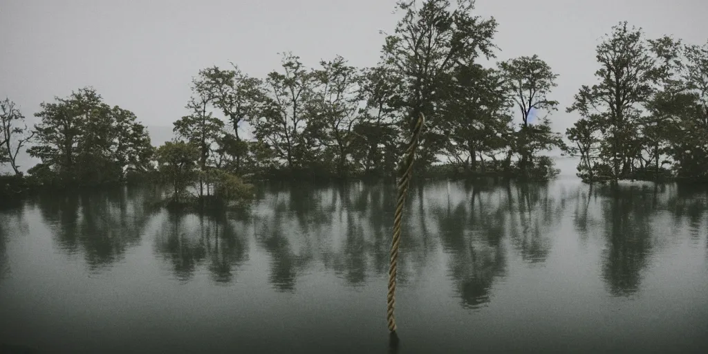 Image similar to an infinitely long rope floating to surface of water snaking across the center of the lake, overcast lake, 2 4 mm leica anamorphic lens, moody scene, stunning composition, hyper detailed, color kodak film stock