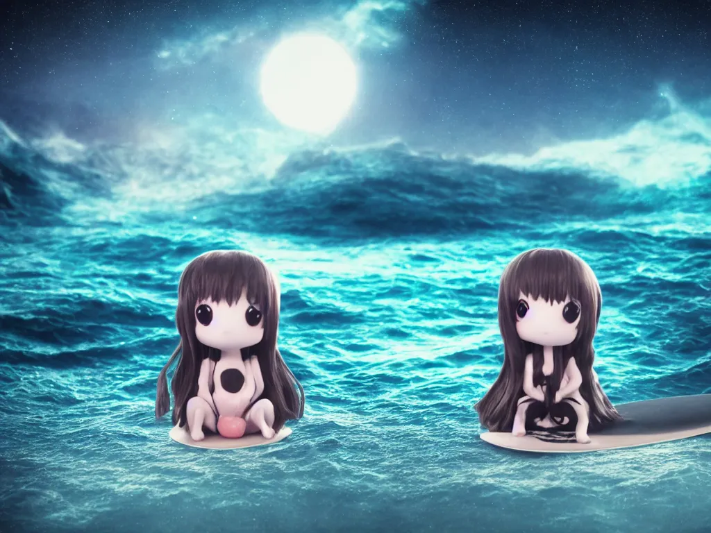 Image similar to cute fumo plush gothic maiden alien girl sitting on a surfboard in the waves of the dark galactic abyss, ocean waves and reflective splashing water, vignette, vray