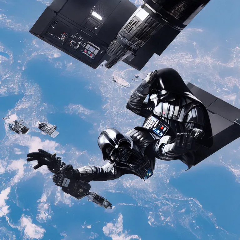 Image similar to photograph of darth vader on board the international space station, hyper realistic, fine detail