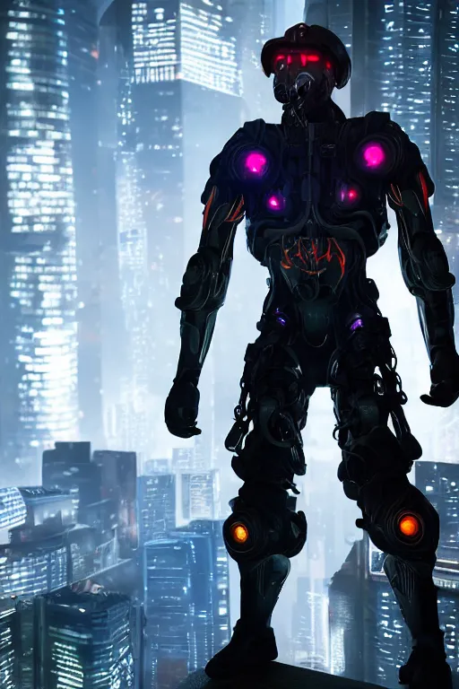 Prompt: Cyberpunk Flame Suit, fantasy, photorealistic, glowing eyes, 4k, cinematic lighting