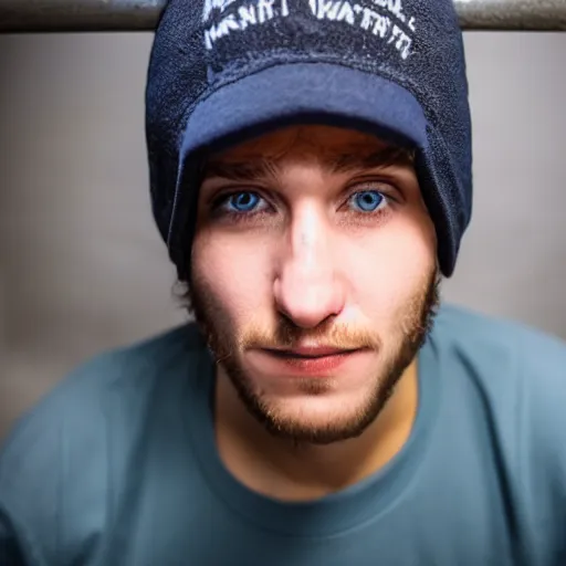 Image similar to close-up a 25 year old man wearing a black winter hat and a orange jail inmate tshirt, inside a underground facility, blue eyes, hideous, side lighting