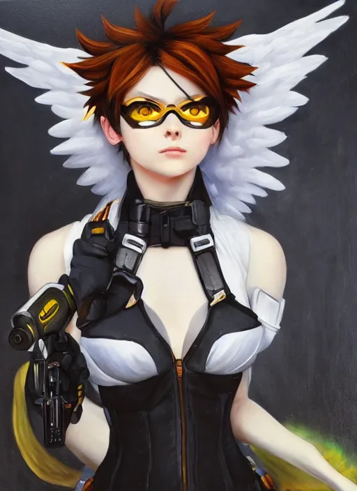 Prompt: full body oil painting of tracer overwatch in the style of sophie anderson, angel wings, black outfit, dramatic painting, wearing steel collar,