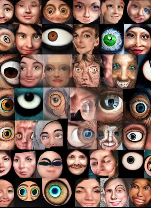 Image similar to side by side, faces, human eyes!, black centered dot pupil, circle iris, happy smiling human eyes, round iris, eyelashes, tired half closed, advanced art, art styles mix, from wikipedia, eye relections, hd macro photographs, montage of grid shapes