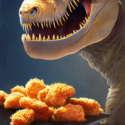 Image similar to portrait of a t-rex eating chicken nuggets,digital art,realistic,detailed,art by greg rutkowski