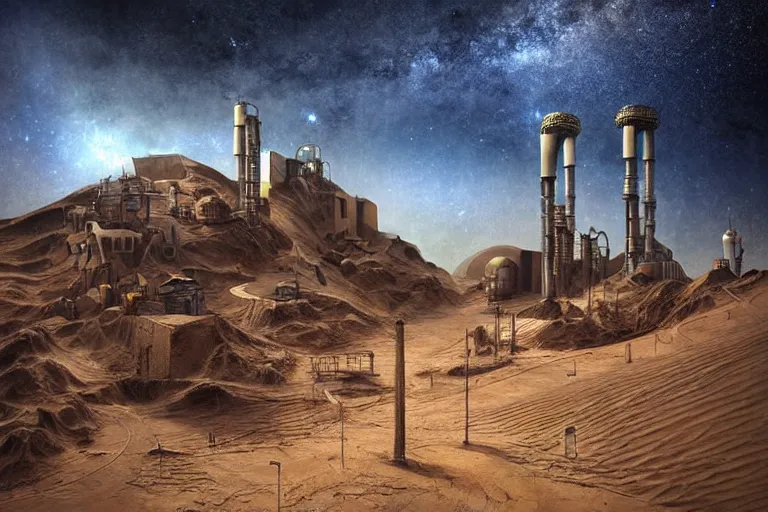 Image similar to sci - fi favela sculpture, art nouveau desert environment, industrial factory, cliffs, gloomy, milky way, award winning art, epic dreamlike fantasy landscape, ultra realistic,