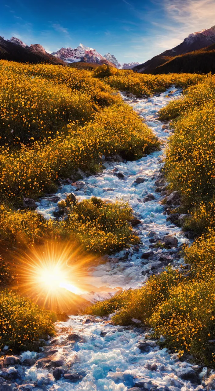 Prompt: Sun rising over snow-peaked mountains with a river flowing through a valley of flowers with golden light, vibrant, hyperrealistic, colourful, award winning photo, detailed, cinematic, golden hour, 8k