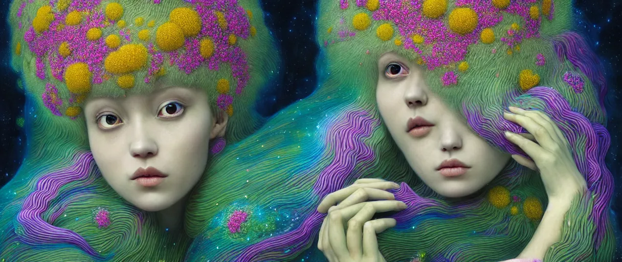 Prompt: hyper detailed 3d render like a Oil painting - kawaii portrait Aurora (electric haired selkie fae) seen Eating of the Strangling network of yellowcake aerochrome and milky Fruit and Her delicate Hands hold of gossamer polyp blossoms bring iridescent fungal flowers whose spores black the foolish stars by Jacek Yerka, Mariusz Lewandowski, Houdini algorithmic generative render, Abstract brush strokes, Masterpiece, Edward Hopper and James Gilleard, Zdzislaw Beksinski, Mark Ryden, Wolfgang Lettl, hints of Yayoi Kasuma, octane render, 8k