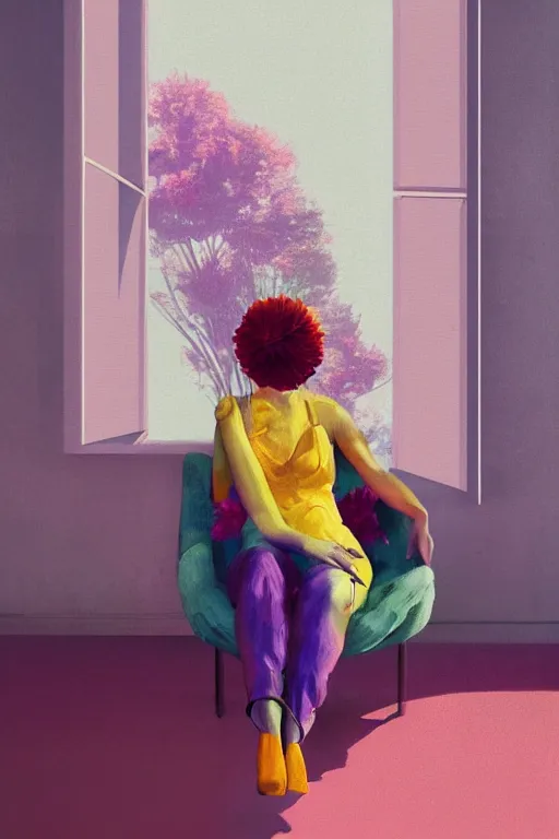 Prompt: closeup, gigantic flower head, woman sitting on lounge chair by a tall window, surreal photography, studio light, impressionist painting, digital painting, artstation, simon stalenhag