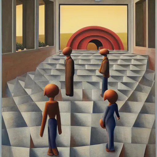 Image similar to first - person view of a stark concrete maze with people looking into portholes, ( ( ( grant wood ) ) ), pj crook, ( ( ( ( ( ( edward hopper ) ) ) ) ) ), oil on canvas