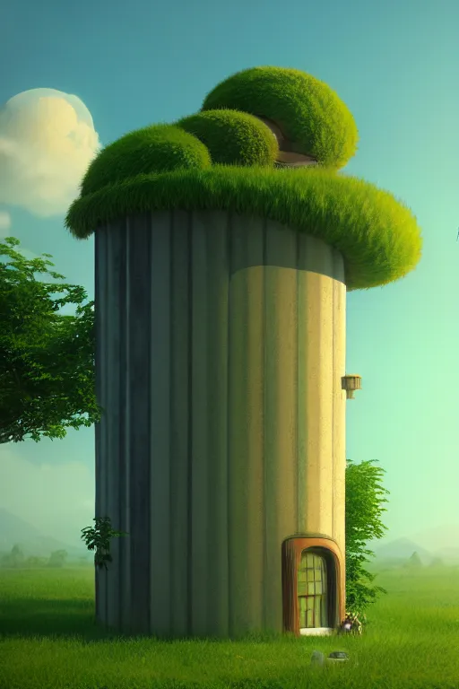 Image similar to cylindrical house, solarpunk, studio ghibli, jean - baptiste monge, octane render, 4 k