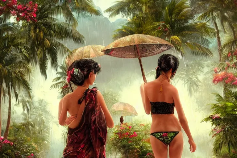 Image similar to ultra realistic illustration, photo, monsoon on tropical island, attractive oriental woman, back, ornate, beautiful, atmosphere, vibe, mist, coconuts, rain, wet, pristine, puddles, melting, dripping, creek, bridge, forest, roses, flowers, by stanley artgerm lau, thomas kindkade, art gta 5 cover