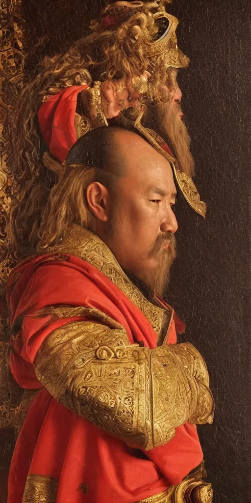 Image similar to Highly detailed and cinematic Renaissance period portrait oil painting Kublai Khan, an oil painting ((masterpiece)) by ((Josep Tapiró Baró)), dynamic lighting, 8K