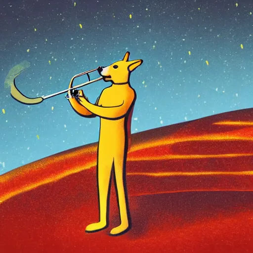 Image similar to a killer acid illustration of a dingo trumpet player standing alone on a hill near the river, filling the sky with music