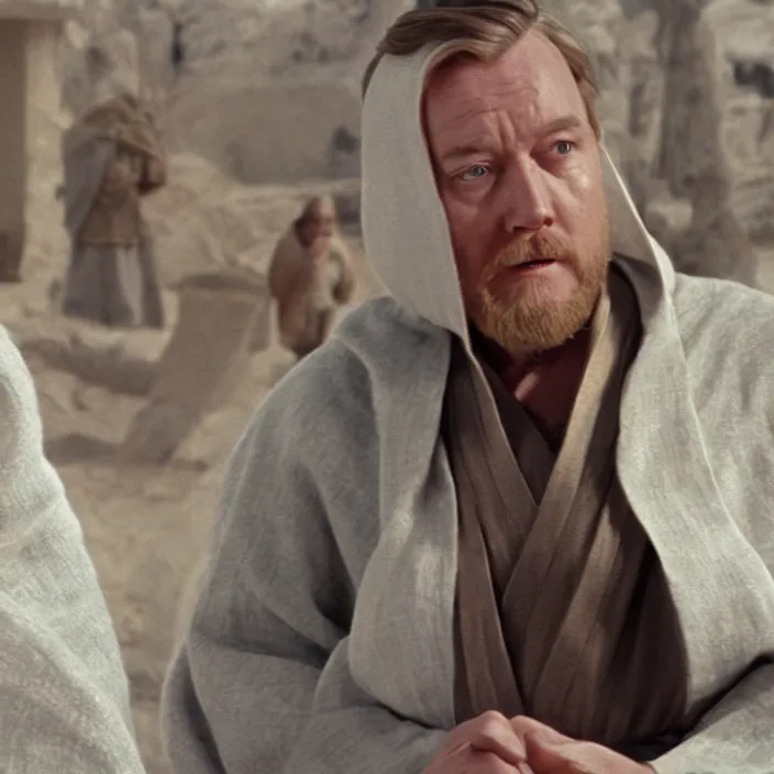 Image similar to obi wan kenobi but obese!! and overweight, photoralistic rendering, movie still, screenshot, hyperdetailed