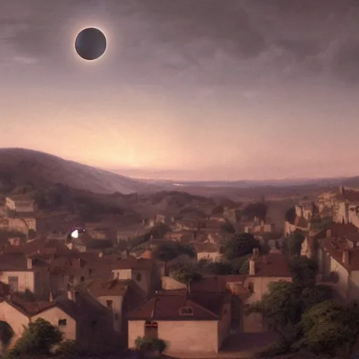 Image similar to dark solar eclipse, above a village, highly detailed, studio 4 k quality, by vittorio matteo corcos