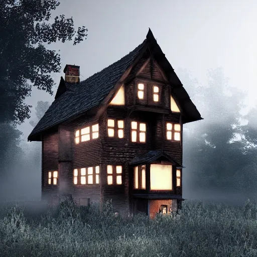 Prompt: village horror house in forest darkness dark render fog highly detailed