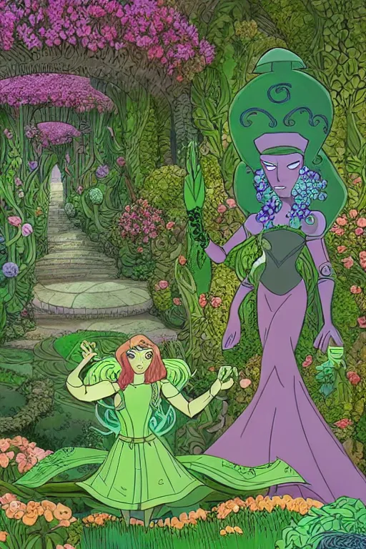 Image similar to intricate detailed Garden, Green Witch Walking her Garden, magical garden plant creatures, enchanted, life like plants, In The animation style of X-Men: The Animated Series, high detail, max upscale