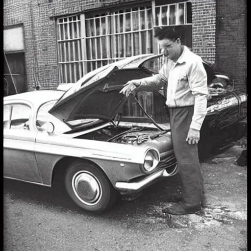 a vintage photo of a man working on a car, 1 9 6 0 s, | Stable