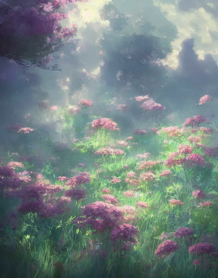 Image similar to beautiful flower bouquet, concept art, daytime ethereal anime, high detail Impressionist style, dreamy light color palette, style of studio ghibli and moebius, concept art stunning atmosphere, trending on artstation, volumetric light