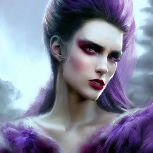 Image similar to beautiful close up portrait vampire purple ponytail, crystal armor, elegant, detailed. epic cinematic hyperrealism masterpiece. realistic poster with shaded lighting by craig mallismo, artgerm, jeremy lipkin and michael garmash, unreal engine, radiant light, detailed and complex environment, digital art, art station trends, detailed faces, detailed eyes