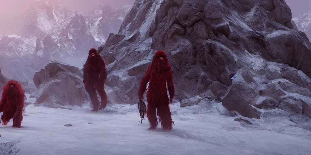 Image similar to the end is near. a tired yeti and bigfoot standing in the atlas mountains. face is highly detailed. splices of red are running down his toga. mist. color scheme red. low angle close shot. atmospheric. global illumination. unreal engine render. imagined by jeremy lipking