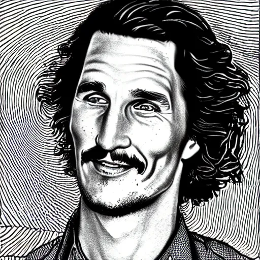 Image similar to a portrait drawing of Mathew McConaughey drawn by Robert Crumb