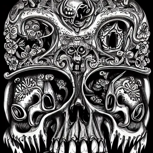 Image similar to Joe Fenton drawing of Psychedelic Skulls, medieval town, skulls, drawn by Joe Fenton, trending on artstation