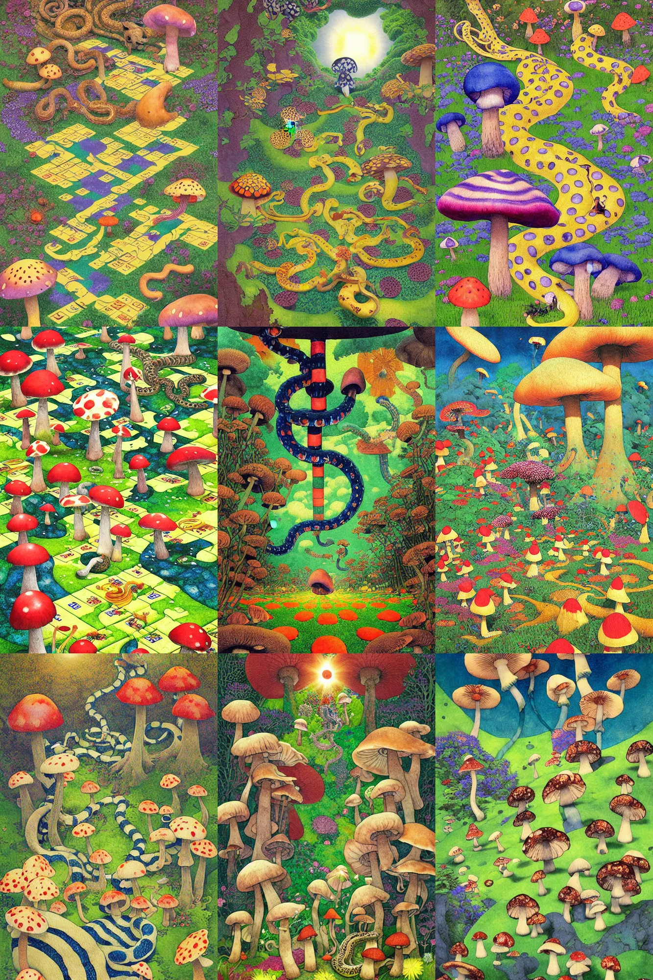 Prompt: dixit card, mushroom, spots, stripes, high fantasy, snakes and ladders, japanese flower garden, labyrinth, picnic, cryptid, intricate, amazing composition, colorful watercolor, by ruan jia, by maxfield parrish, by shaun tan, by nc wyeth, by michael whelan, by escher, illustration, volumetric, bloom, sun puddle
