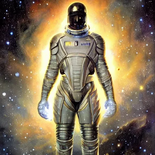 Image similar to photoreal portrait of a powerful black man in scifi armour, space nebula milky way background, by norman rockwell and boris vallejo, artstation, concept character art