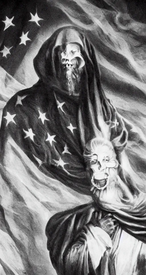 Image similar to ghost emerging from a politician, american flag, jesus christ crying in the background, lomo