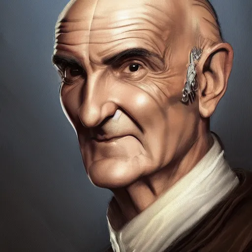 Image similar to smirking male bard, Louis de Funès, portrait, headshot, D&D, fantasy, highly detailed, digital painting, artstation, concept art, sharp focus, illustration, art by artgerm and greg rutkowski and alphonse mucha