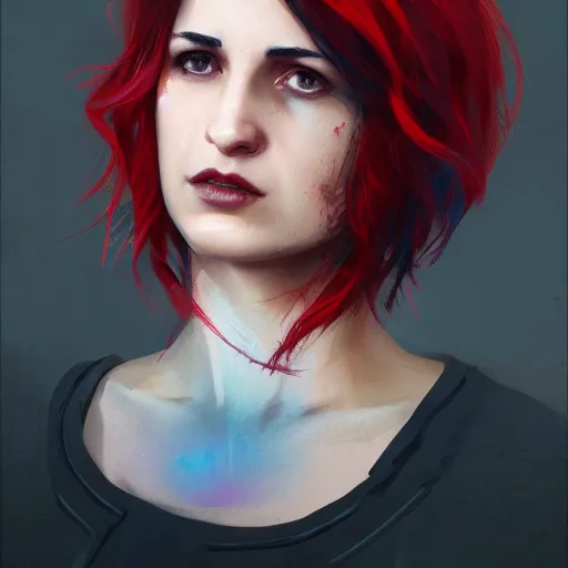 Image similar to Aya Cash with red and blue ombre hair, illustrated by Greg Rutkowski, 4k, 8k, photorealistic portrait imagery, dappled lighting, trending on artstation, artstationHQ, artstationHD.