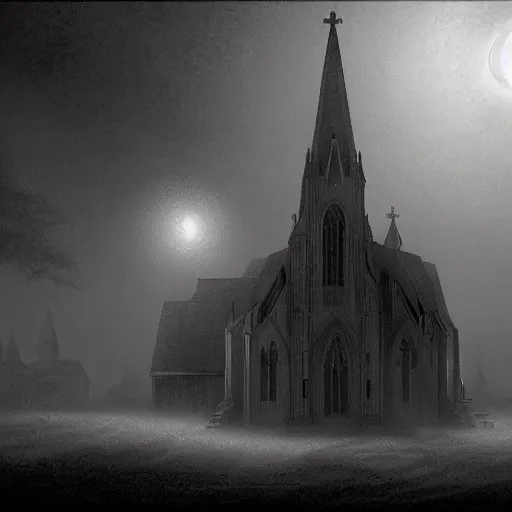 Image similar to victorian church, dark, misty, at night, 8 k, detailed, concept art, trending on artstation