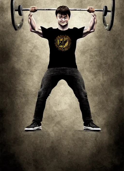 Image similar to a highly detailed portrait of Daniel Radcliffe as Harry Potter doing barbell back squats, wearing a muscle tee shirt, intricate detail, digital painting, old english, raining, sepia, particles floating, whimsical background by marc simonetti, artwork by ross tran + ramond swanland + liam wong