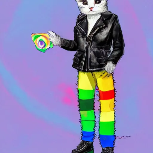 Image similar to wide angle full body, jacket wearing fluffy cute rainbow kitten wearing a black leather motorcycle jacket, concept art