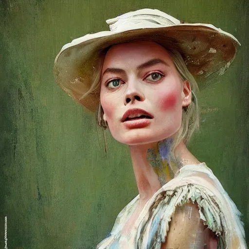 Image similar to happy very thick paint brush strokes paint texture full body fashion model very worn out very rusty margot robbie by Jeremy Lipking by Hasui Kawase by Richard Schmid (((smokey eyes makeup eye shadow fantasy, glow, shimmer as victorian woman in a long white frilly lace dress and a large white hat having tea in a sunroom filled with flowers, roses and lush fern flowers ,intricate, night, highly detailed, dramatic lighting))) , high quality