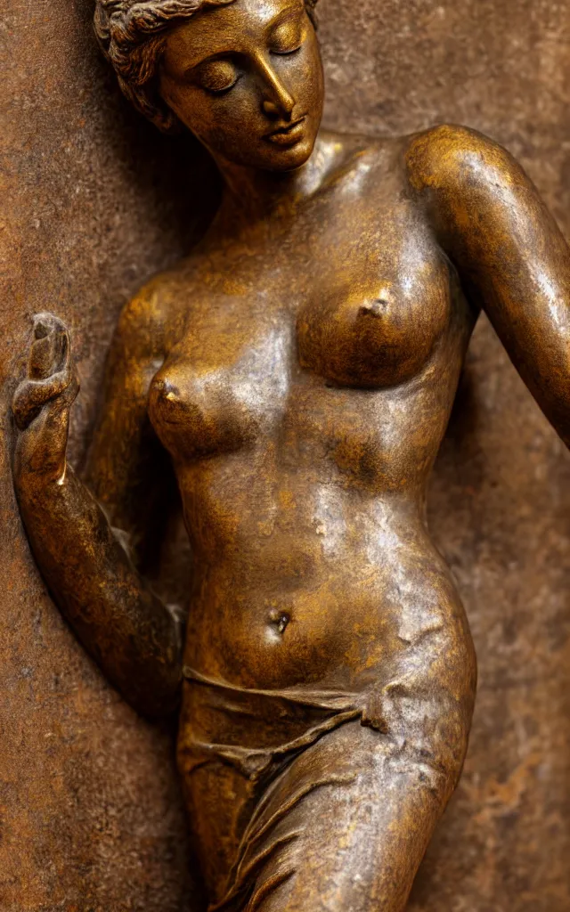 Image similar to detailed photo of old bronze patina statue of seductive gorgeous girl, super highly detailed, full body view, various poses, in the room of an ancient castel, photorealism, intricate detail, museum diffuse lighting, autumn sunlights