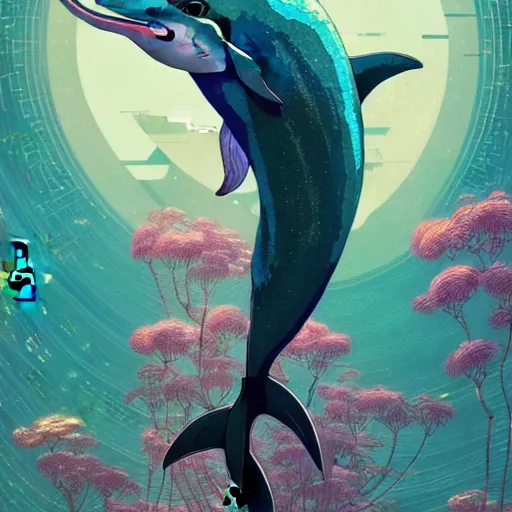 Image similar to a beautiful hyperdetailed character design 4 k wallpaper illustration of a cute dolphin, victo ngai cyberpunk style, from china, style of studio ghibli, makoto shinkai, raphael lacoste, louis comfort tiffany, artgerm, james jean, ross tran, chinese style