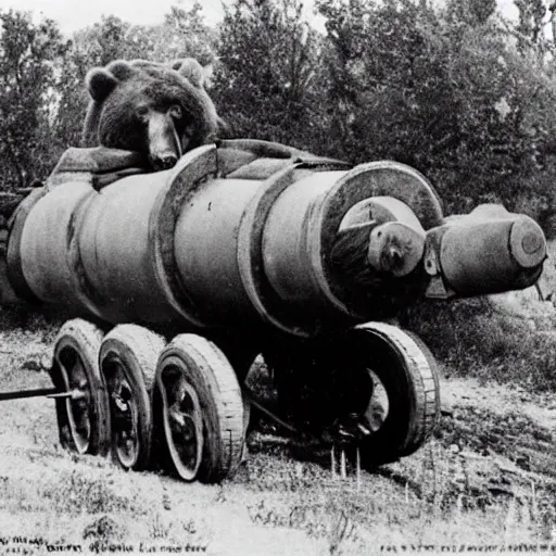 Prompt: a picture of a enormous bear pulling a towed anti - tank canon behind his back like a chariot, eastern front, historical picture