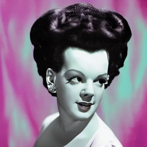 Image similar to a realistic detailed studio portrait photo of judy garland as the the bride of frankenstein, vaporwave