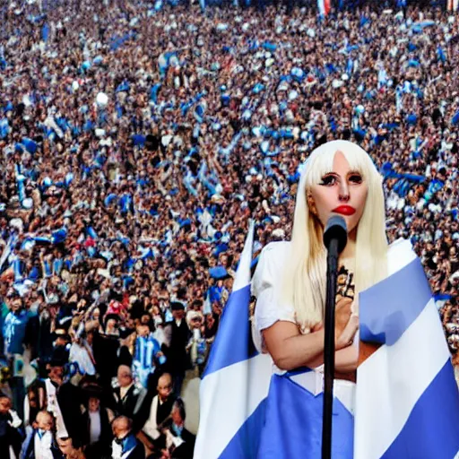 Image similar to Lady Gaga as president, Argentina presidential rally, Argentine flags behind, bokeh, giving a speech, detailed face, Argentina