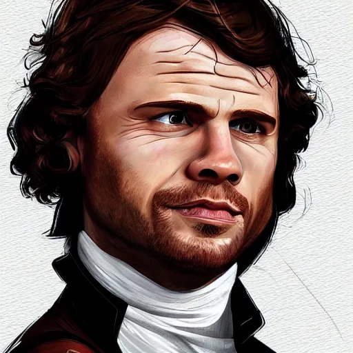 Image similar to Jamie Fraser caricature portrait by Sebastian Krüger anda Bruno Tesse trending on artstation, perfect composition, Scotland background